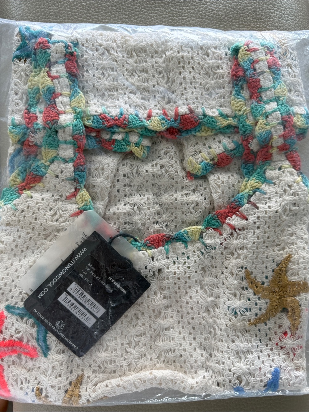 Crochet Beach Mini Dress with Starfish Embroidery - White - Picture 5 of 8